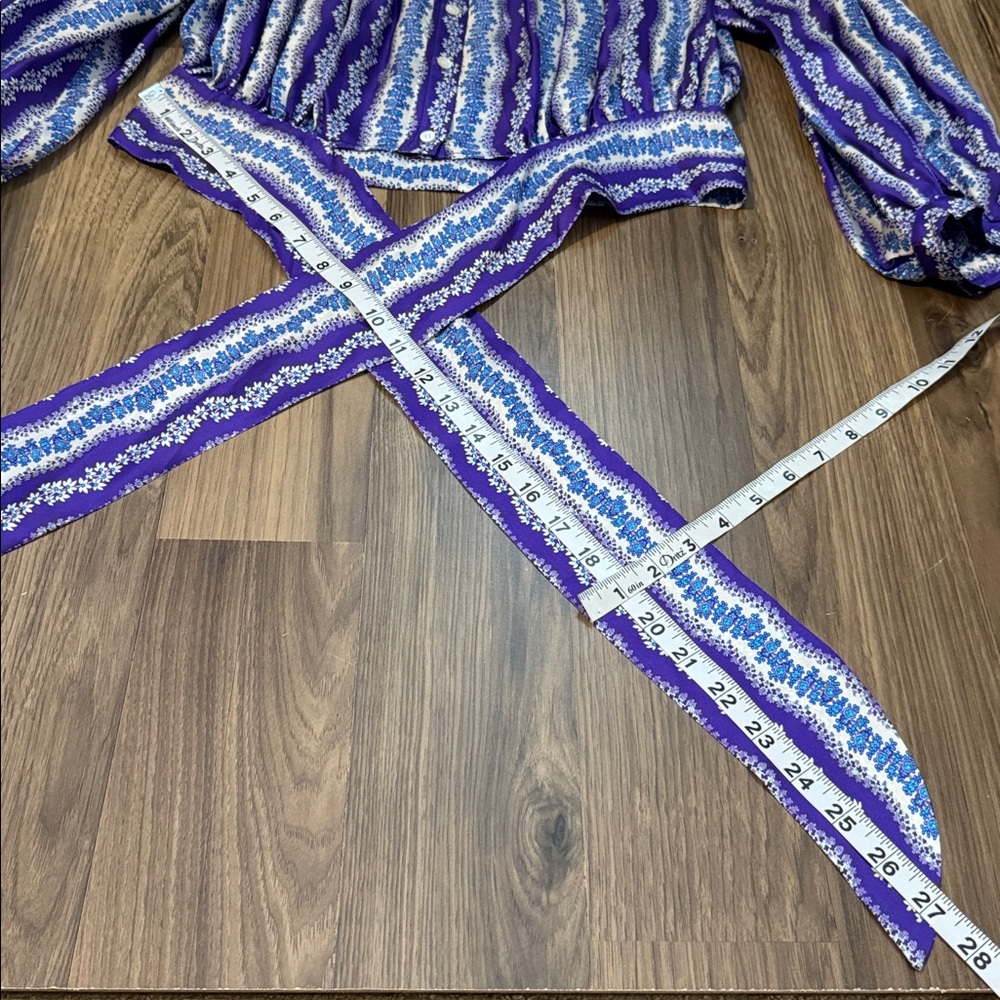 Sandro Silk Floral Stripe Purple Blue Balloon Sleeve Button Tie Cropped Blouse S - Picture 17 of 17